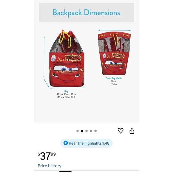 Disney Swim Bag | Cars Boys Swimming Bag | Boys Lightning McQueen Backpack | - Picture 3 of 3